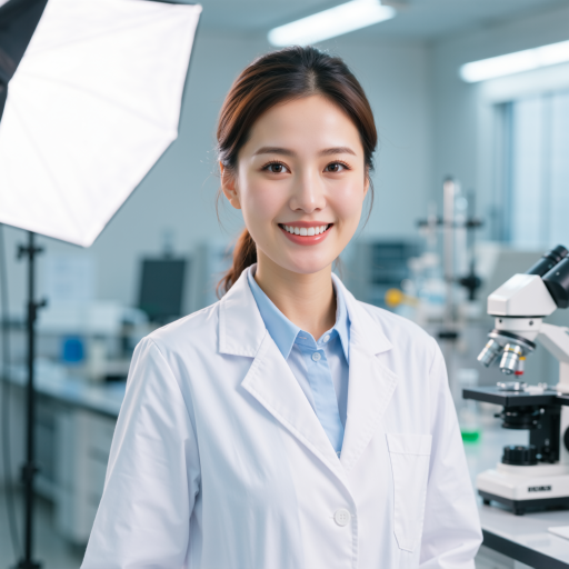 四十岁左右中年女性头像，穿浅色职业装，黑色长发，背景为实验室环境，正面微笑表情